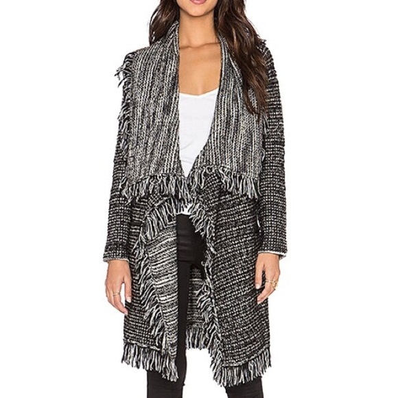 Vince black & white long wool tweed fringe sweater jacket - size Large (L) - Picture 2 of 12